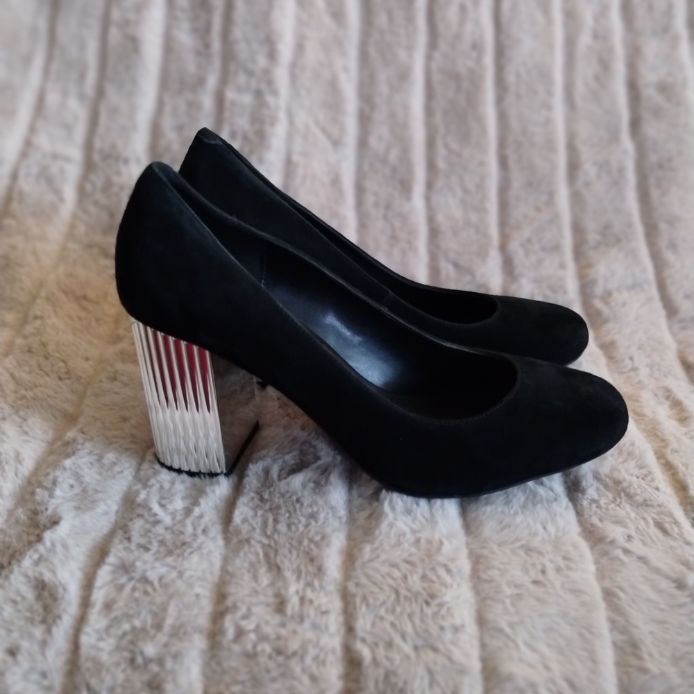 Michael Kors Black Suede Block Heel Pumps Statement Metallic Heel Designer
